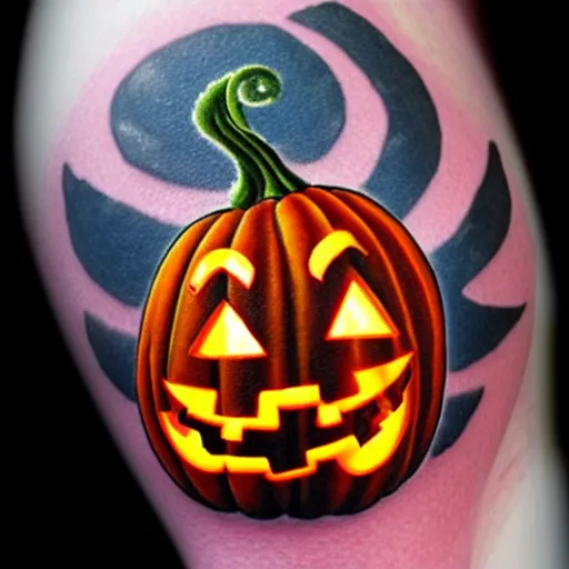 Image similar to cartoon tattoo of a halloween pumpkin with glowing eyes on arm with light shading in the background