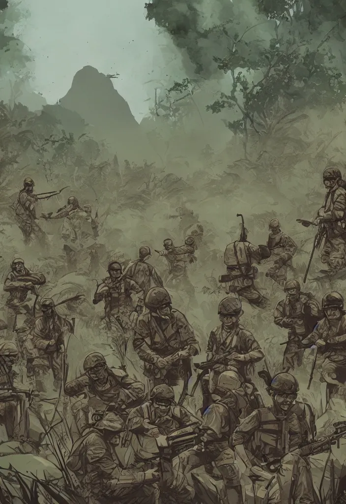 Image similar to handmade illustration of an epic Vietnam war scene with a very small group of american soldiers, the jungle at the background, some smoke and fire, line art, ink, watercolor by Kilian Eng and by Jake Parker, heavy brushstrokes, winning-award masterpiece, fantastic, octane render, 8K HD Resolution, High quality image