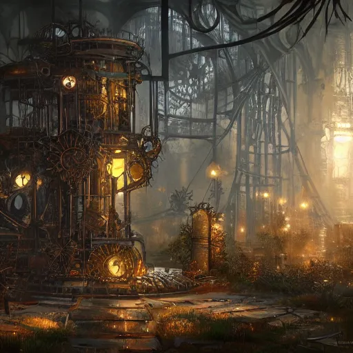 Image similar to a ultradetailed beautiful concept art of the core of a intricate steampunk machine where vegetation have start to peacefully grow in harmony with the machine, dynamic lighting, cinematic lighting, magical atmosphere, concept art, high resolution 4 k, by yasuyuki kaji, greg rutkowski, charlie bowater and artgeem