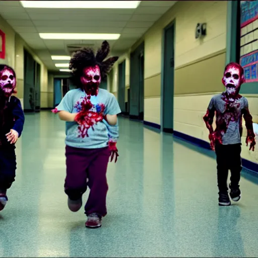 Image similar to zombie kids hunts their teacher in the school floor, cinematic, taken on a nikon, sharp focus, 4 k