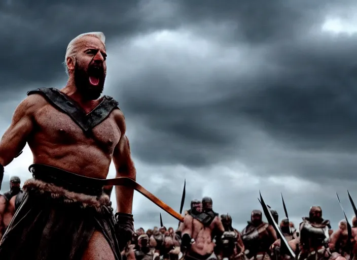 Image similar to cinematic film still of joe biden as leonidas shouting in 3 0 0 movie, 8 k, epic moody sky, dramatic lighting