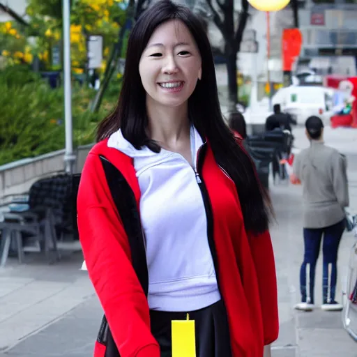 Image similar to chinese - canadian tourist elisa lam wearing a red sweatshirt half zipped up with white shirt showing underneath with black short skirt full body from head to toe
