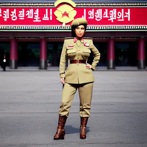 Image similar to professional photograph of kim kardashian wearing a north korean military dress uniform and standing in a busy street in pyongyang, 8 k, very detailed, very intricate,