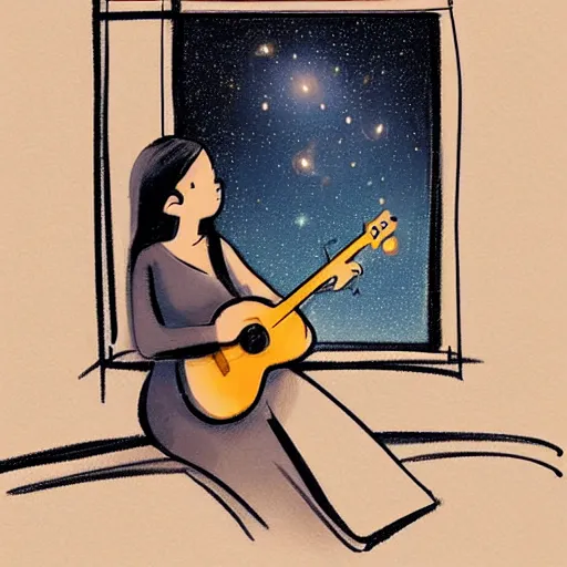 Image similar to a sketch drawing, a girl with a guitar in her hands is sitting on the bed, a view of the window, a starry sky, scattered notes by gabo mendoza, trending on artstation