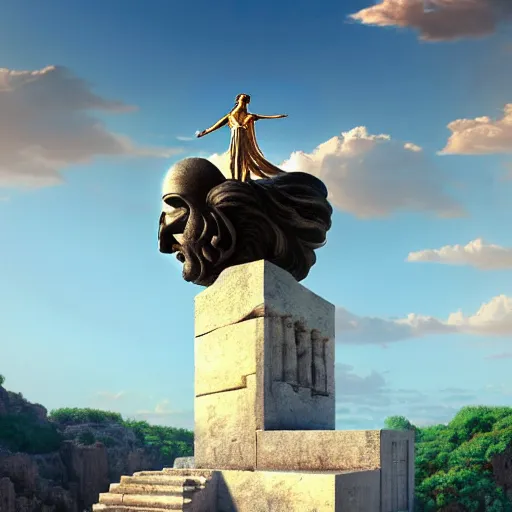 Image similar to tiny greek goddess in steel helmet standing on a giant greek bearded male head of Zeus, greek temple of olympus glory island, late afternoon light, wispy clouds in a blue sky, by frank lloyd wright and greg rutkowski and ruan jia