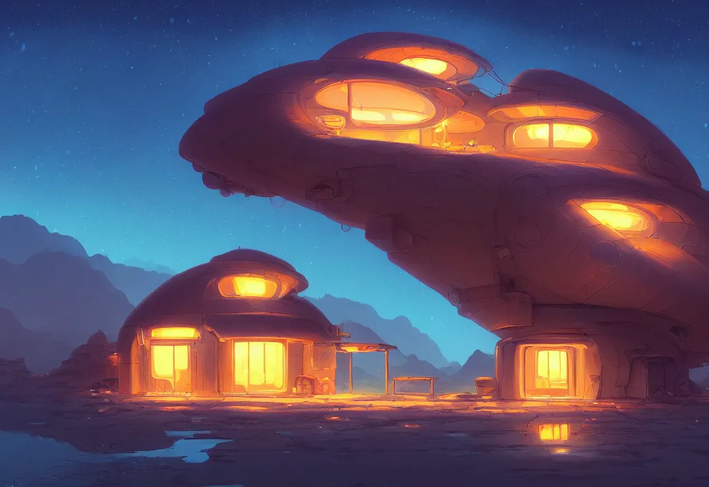 Image similar to sci - fi chubby house in the desert at night, rain, water, rocks, mountain, river, intricate oil painting, high detail illustration, sharp high detail, manga and anime 1 9 9 9, official fanart behance hd artstation by jesper ejsing and makoto shinkai, 4 k,