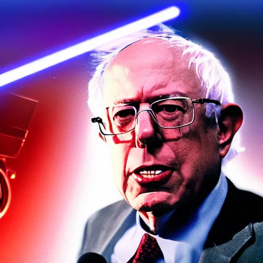 Image similar to a heat ray shooting out of bernie sanders'eyes, synthwave