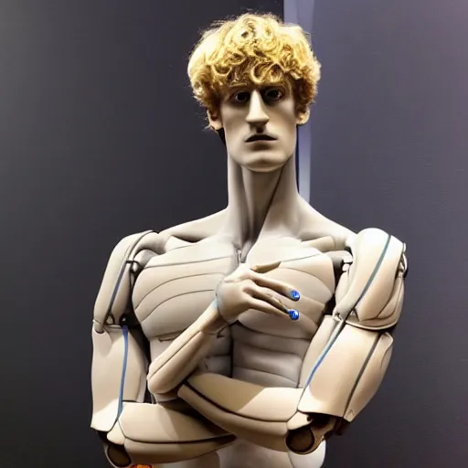 Prompt: a realistic detailed photo of a guy who is an attractive humanoid who is half robot and half humanoid, who is a male android, boxer and youtuber logan paul, shiny skin, posing like a statue, blank stare, at the museum, on display