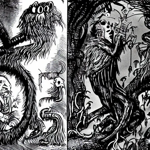 Image similar to beware the jubjub bird, and shun the frumious bandersnatch! | lewis carroll and hp lovecraft with doctor seuss and hr giger