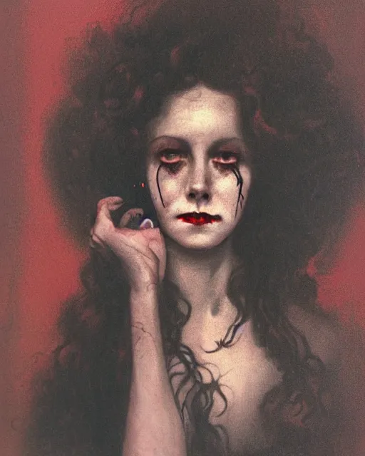 Image similar to a handsome but creepy, sinister, smiling young woman, with haunted eyes and curly hair, 1 9 7 0 s, seventies, wallpaper, a little blood, moonlight showing injuries, delicate embellishments, painterly, offset printing technique, by brom, robert henri, walter popp