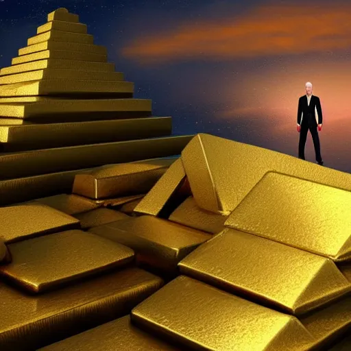 Image similar to Digital art of Jeff bezos standing atop a pyramid made of gold bars, deviantart artstation