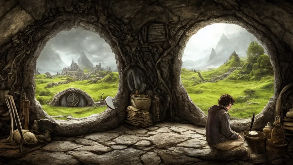 Image similar to frodo writing in his journal inside his hobbit hole bag end at the end of his journey, hobbiton visible through a window, by alan lee, michal karcz, smooth details, lord of the rings, game of thrones, smooth, detailed terrain, oil painting, trending artstation, concept art, fantasy matte painting, over the shoulder camera shot