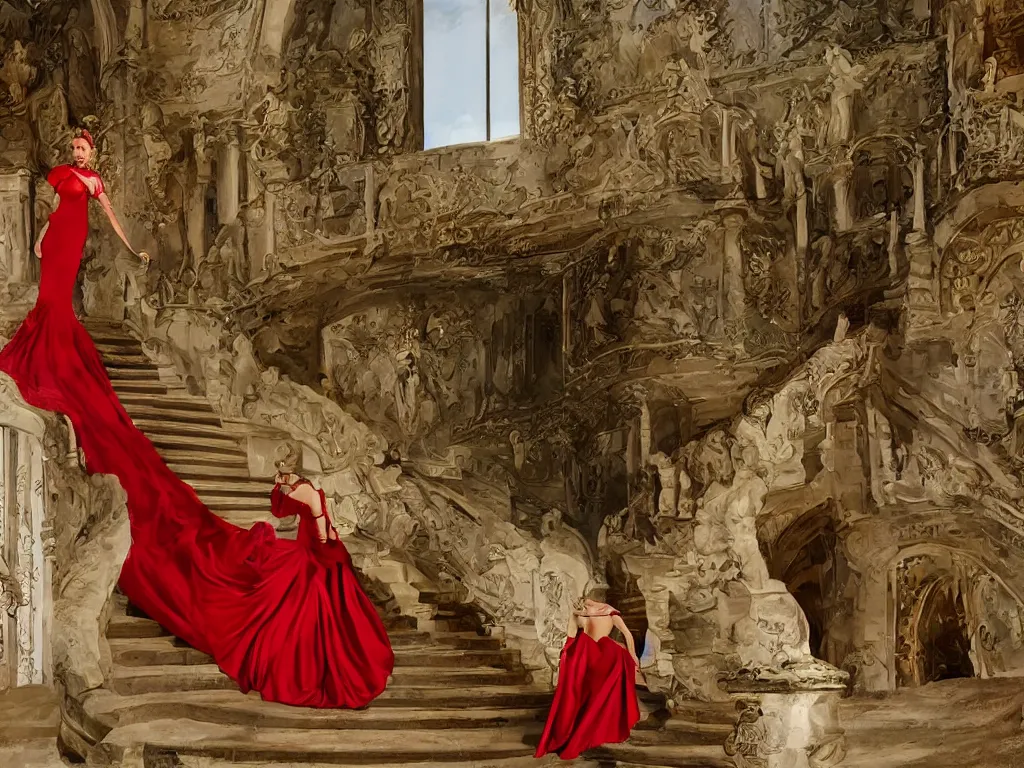 Image similar to An impressive castle entrance, a beautiful woman wearing a red dress, coming down the stairs, sided by two fierce Dobermans, art directed by Martin de Thurah and shot by Kasper Tuxen