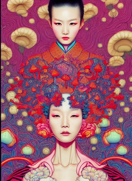 Image similar to pretty chinese model with hallucination mushroom : : by martine johanna and simon stalenhag and chie yoshii and casey weldon and wlop : : ornate, dynamic, particulate, rich colors, intricate, elegant, highly detailed, vogue, harper's bazaar art, fashion magazine, smooth, sharp focus,