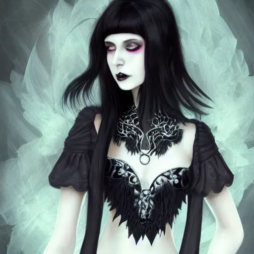 Image similar to dark haired girl, goth style, raven on her hand, pale gentle face, highly detailed intricate goth outfit, sharp, 8 k ultra realistic illustration, digital art by sakimichan, trending on artstation