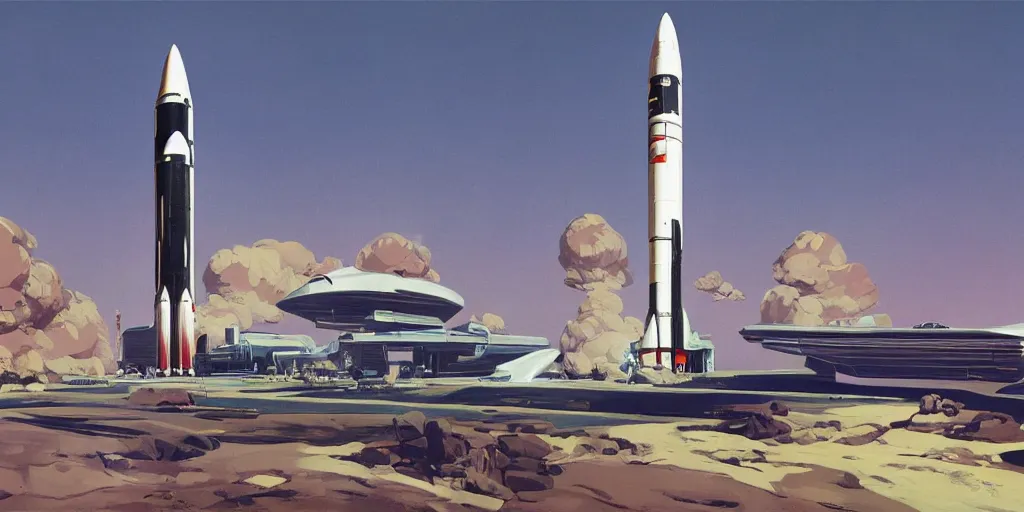 Prompt: retrofuturistic rocket launch base by Syd Mead,