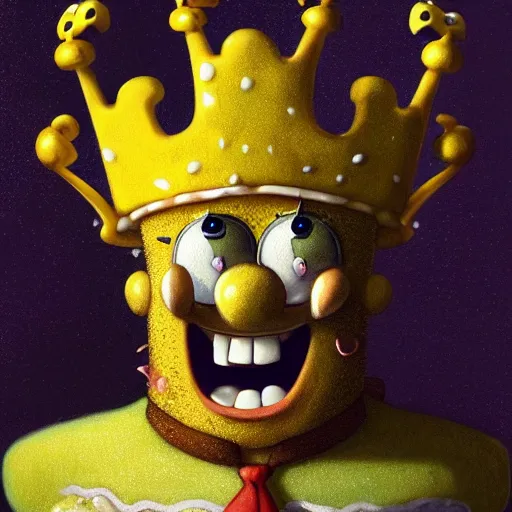 Prompt: spongebob squarepants as a king on a thrown wearing a crown, closeup portrait art by donato giancola and greg rutkowski, digital art, trending on artstation, symmetry!!