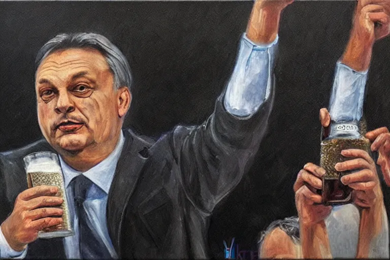 Prompt: viktor orban drinking beer and cheering at the apocalyse, highly detailed eyes, oil on canvas