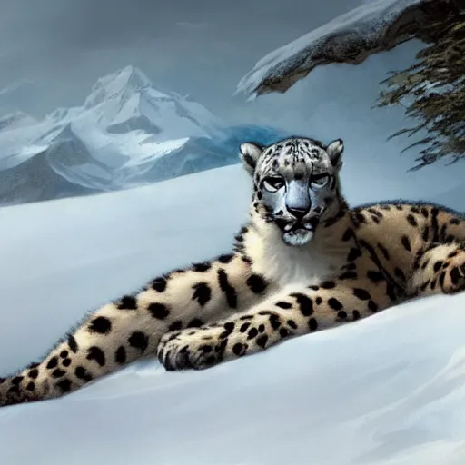 Image similar to Concept art, A shiny snow leopard sitting by snow mountains, 8k, alphonse mucha, james gurney, greg rutkowski, john howe, artstation