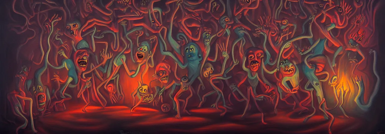 Image similar to visceral freaky obsessive monsters from the darkest depths of collective unconscious, dramatic glowing lighting, 1 9 3 0 s fleischer cartoon characters, wild emotional expressions - surreal painting by ronny khalil