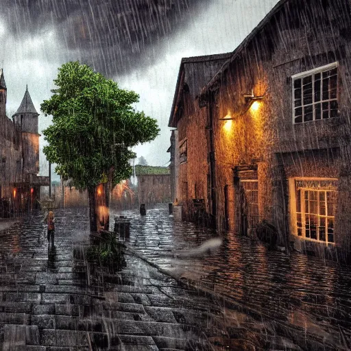 Prompt: raining and thundering in a medieval town, 4k, realistic, tranquil, calming,