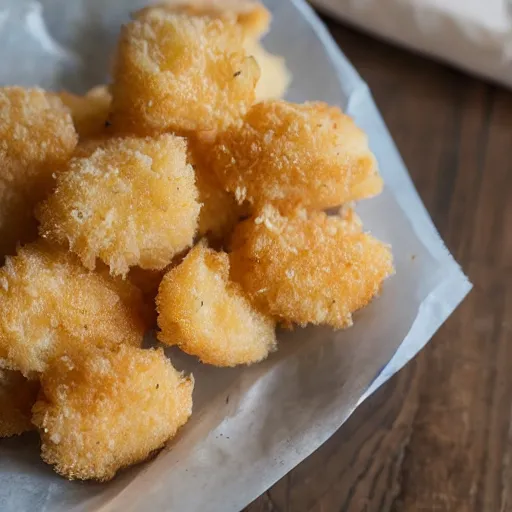 Prompt: a bag of frozen breaded scampi with maerl spilling out