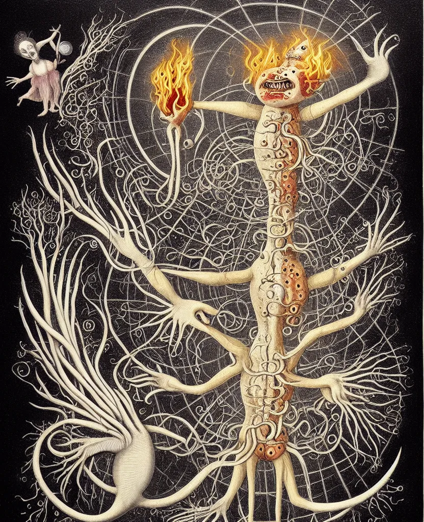 Image similar to whimsical freaky creature sings a unique canto about'as above so below'being ignited by the spirit of haeckel and robert fludd, breakthrough is iminent, glory be to the magic within, painted by ronny khalil