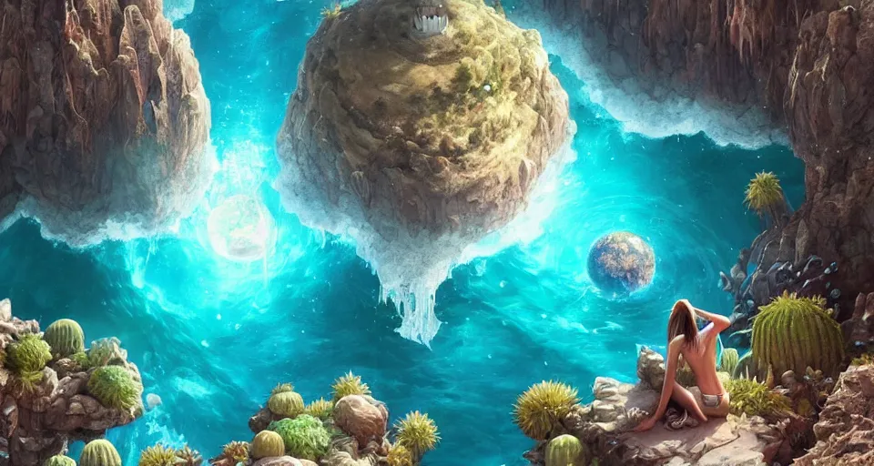 Image similar to a beautiful desert oasis!!!! with crystal clear water with an incomprehensibly large monster!!!! the size of a planet looking down from the sky, by wlop and peter mohrbacher, extremely detailed shading, concept art, digital painting, trending on artstation, unreal engine 5, octane render, atmosphere, glow, cinematic lighting