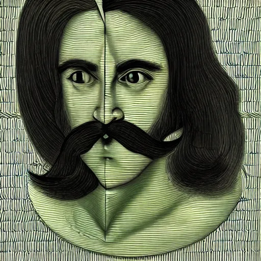 Prompt: young man, long hair, short facial hair, no mustache, dark green eyes, dark eyebrows, light widows peak light facial hair, in the style of mauritz cornelis escher, in - frame