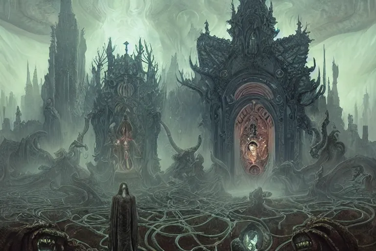 Prompt: a lovecraftian painting of a demonic shrine, occult, moster summoning, warlocks, cosmic horror elements, ultra realistic, concept art, intricate details, eerie, highly detailed, photorealistic, octane render, 8 k, unreal engine. art by artgerm and greg rutkowski and alphonse mucha