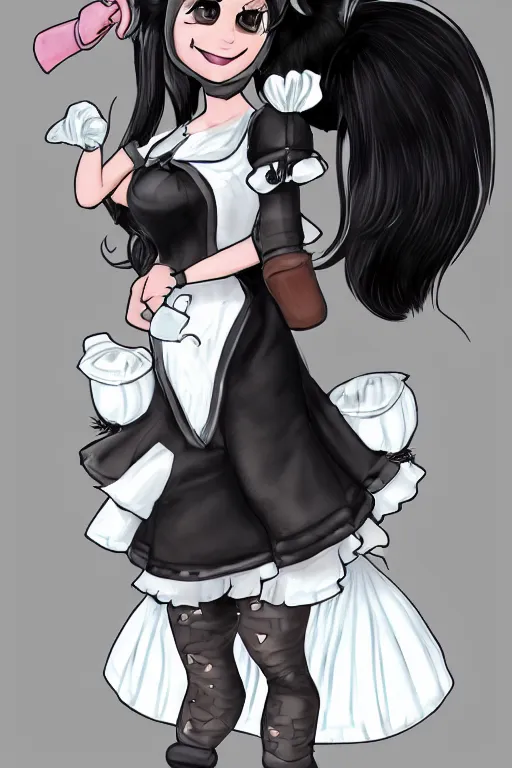 Prompt: a skunk fursona wearing a maid outfit, highly detailed, digital art, trending on artstation, furry art