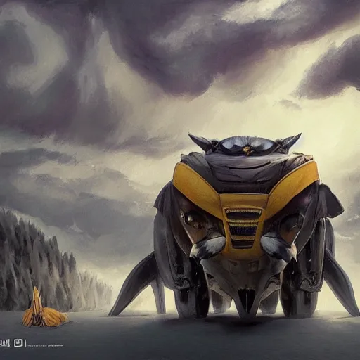 Image similar to Transformer hybrid of bus and wolf, having cabin if form of wolf head with big yellow eyes looking at us and long body of bus with wheels and windows, mechanical form of life, oil on canvas, fantasy, digital painting, concept art, smooth, sharp focus, illustration, artstation trending, octane render, unreal engine, Ghibli, anime style