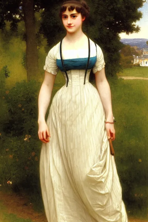 Image similar to jane austen in high - waisted dress, painting by rossetti bouguereau, detailed art, artstation