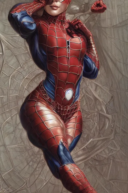 Image similar to muscled Spiderman heroine, intricate, elegant, highly detailed, centered, digital painting, artstation, concept art, smooth, sharp focus, illustration, art by artgerm and donato giancola and Joseph Christian Leyendecker, Ross Tran, WLOP