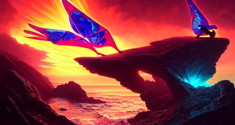 Image similar to psychedelic tron wings in front mind bending sunset, cliffside ocean scene, backlit, aesthetic, elegant, diffuse lighting, hyper realistic, elegant, intricate, hyper detailed, smooth, sharp focus, concept art, illustration, trending on artstation, art by artem demura, greg rutkowski, james gurney, and alphonse mucha