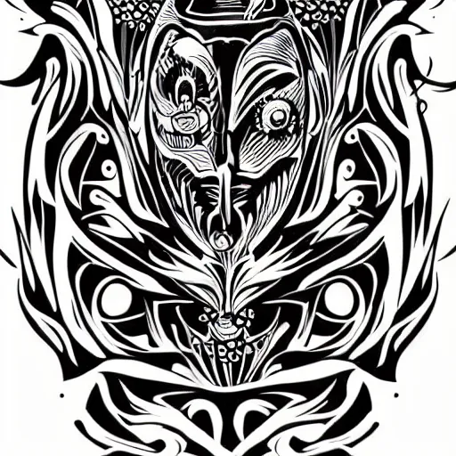 Image similar to a vector tattoo design in the style of victorian florid ornament, and in a spiky tribal style, and in the style of h. r. giger.