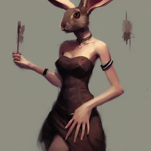 Image similar to A beautiful anthropomorphic rabbit woman in a dress, artstation, highly detailed, greg rutkowski