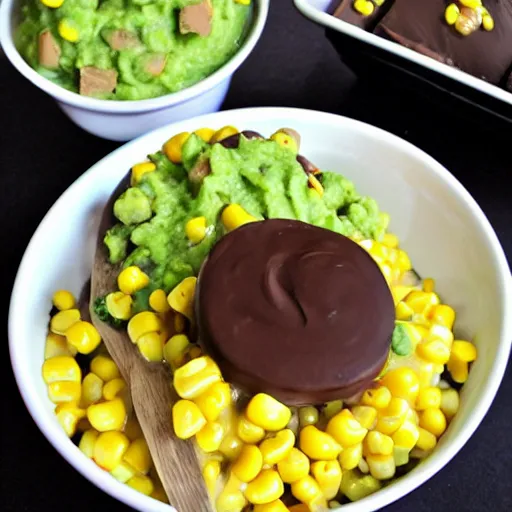 Prompt: a dish made with cookie dough, beans, guacamole, chocolate fudge and creamed corn - n 9