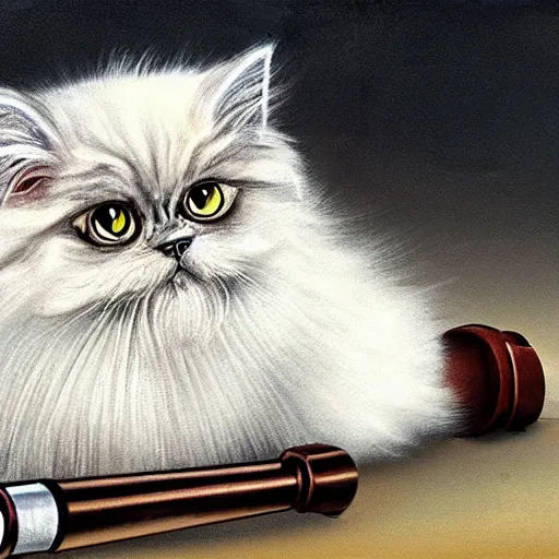 Image similar to a hyper realistic photograph of a persian cat. the persian cat has a determined expression and is holding a bazooka. highly detailed and trending on art station.