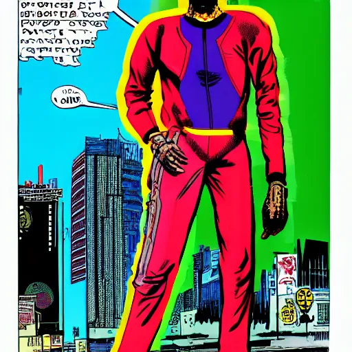 Prompt: afrofuturist man in a crowded busy street wearing a jumpsuit, simple, cyberpunk, far shot, full body shot, 1970s comic art style, retrofuturist