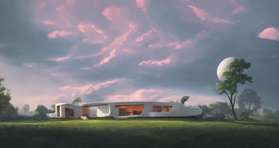 Image similar to modernist house in the shape of a hamburger, light pink clouds, dramatic lighting, artstation, matte painting, raphael lacoste, simon stalenhag, frank lloyd wright, zaha hadid