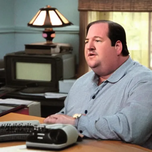 Prompt: Kevin Malone sitting at his desk, a small radio is sitting on top of the desk