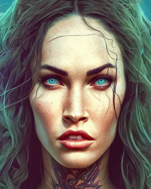 Image similar to highly detailed vfx portrait of megan fox as a witch, stephen bliss, unreal engine, greg rutkowski, loish, rhads, beeple, makoto shinkai and lois van baarle, ilya kuvshinov, rossdraws, tom bagshaw, alphonse mucha, global illumination, detailed and intricate environment