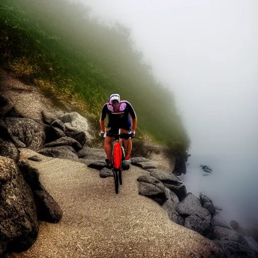 Image similar to a scene from a fever dream, Bicycling on a rocky path in 1st person entering the scary murky ocean!! Fog! Ultra realistic! 25mm f/1.7 ASPH Lens!