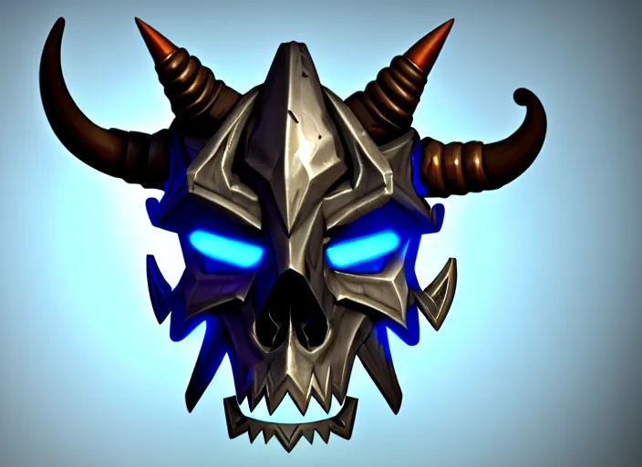 Prompt: horned damaged brushed metal skull mask, stylized stl, 3 d render, activision blizzard style, hearthstone style, darksiders art style