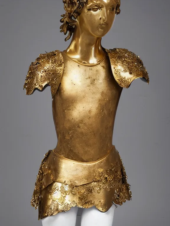 Image similar to a white art nouveau marble and gold head and torso sculpture of a worried young millie bobby brown with long, flowing hair, wearing intricate gold plate armor on her chest, delicate, intricate, smooth, beautiful, by charles van der stappen