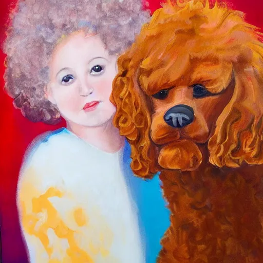 Image similar to an abstract painting of a beautiful pale woman with orange hair holding both a curly headed baby boy and also a brown poodle