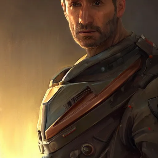 Image similar to Portrait of a man by Greg Rutkowski, he is about 40 years old, short copper hair, attractive, military composure, younger brother vibes, expression of sorrow and disbelief, he is wearing futuristic space tactical suit, highly detailed portrait, digital painting, artstation, concept art, smooth, sharp foccus ilustration, Artstation HQ.