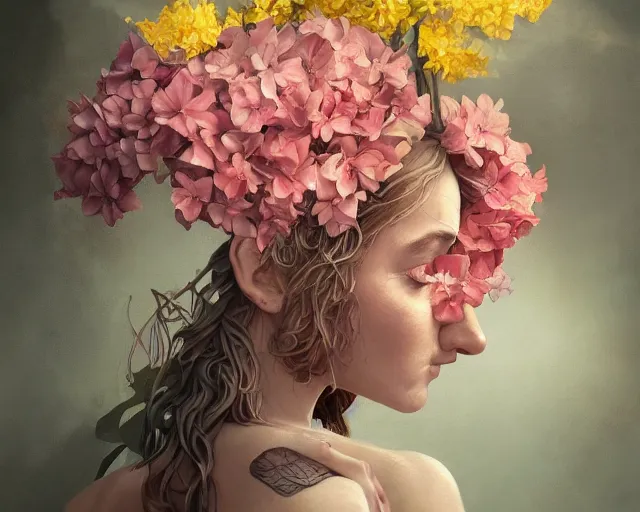 Prompt: a beautiful fine art portrait photo of a nuclear warhaed bomb covered by hibiscus, daffodils, hydrangea, montsera leaves by tom bagshaw and zach sutton, very detailed, artstation, 8 k