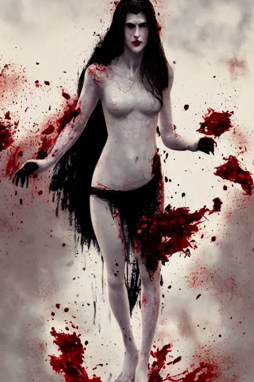 Image similar to pale woman!, covered with blood, alexandra daddario face!!, black dress made of black bones, long red hair, blue eyes, ultra realistic, concept art, intricate details, highly detailed, photorealistic, octane render, 8 k, unreal engine. retro film still, heavy grain, 3 5 mm, art by artgerm and greg rutkowski and alphonse mucha